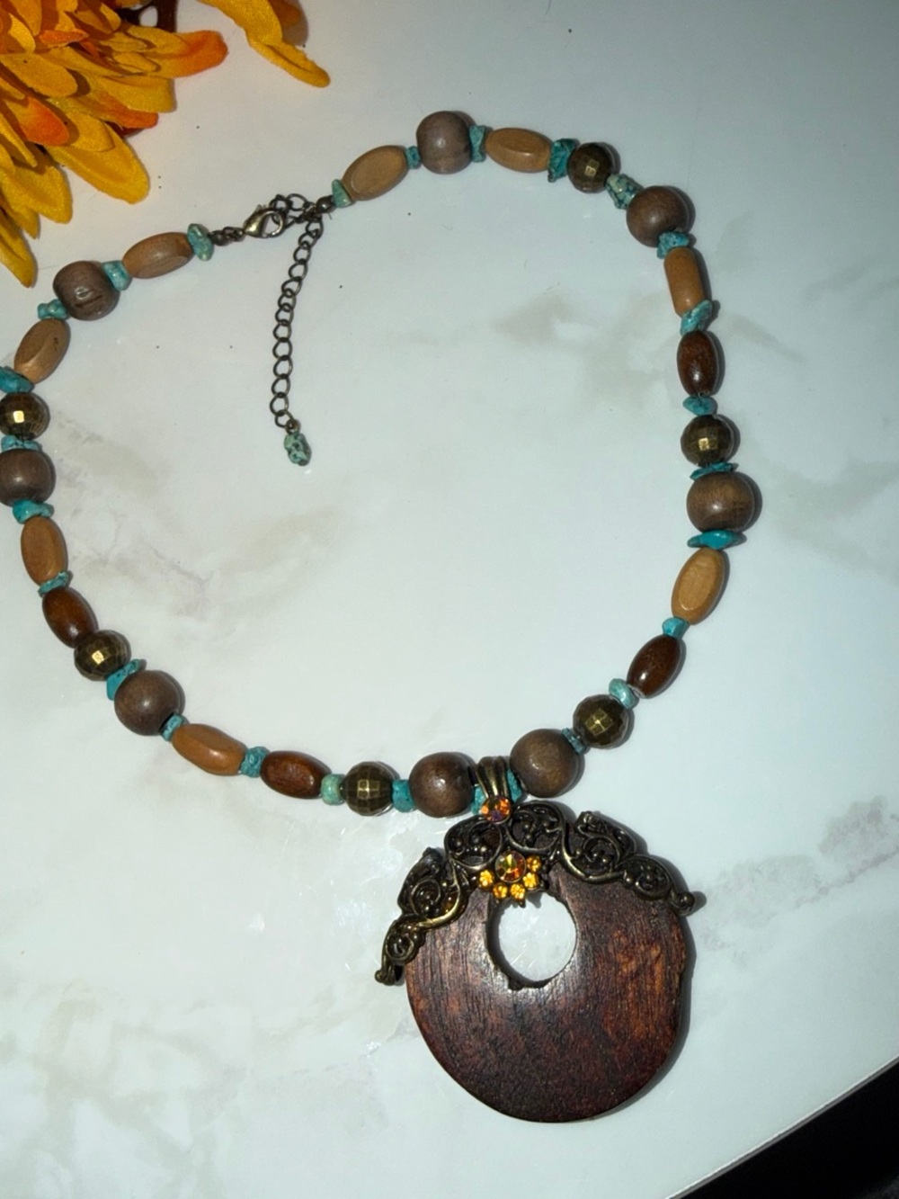 Charlotte Russe Brown Wood Pendant Necklace with Turquoise Accents